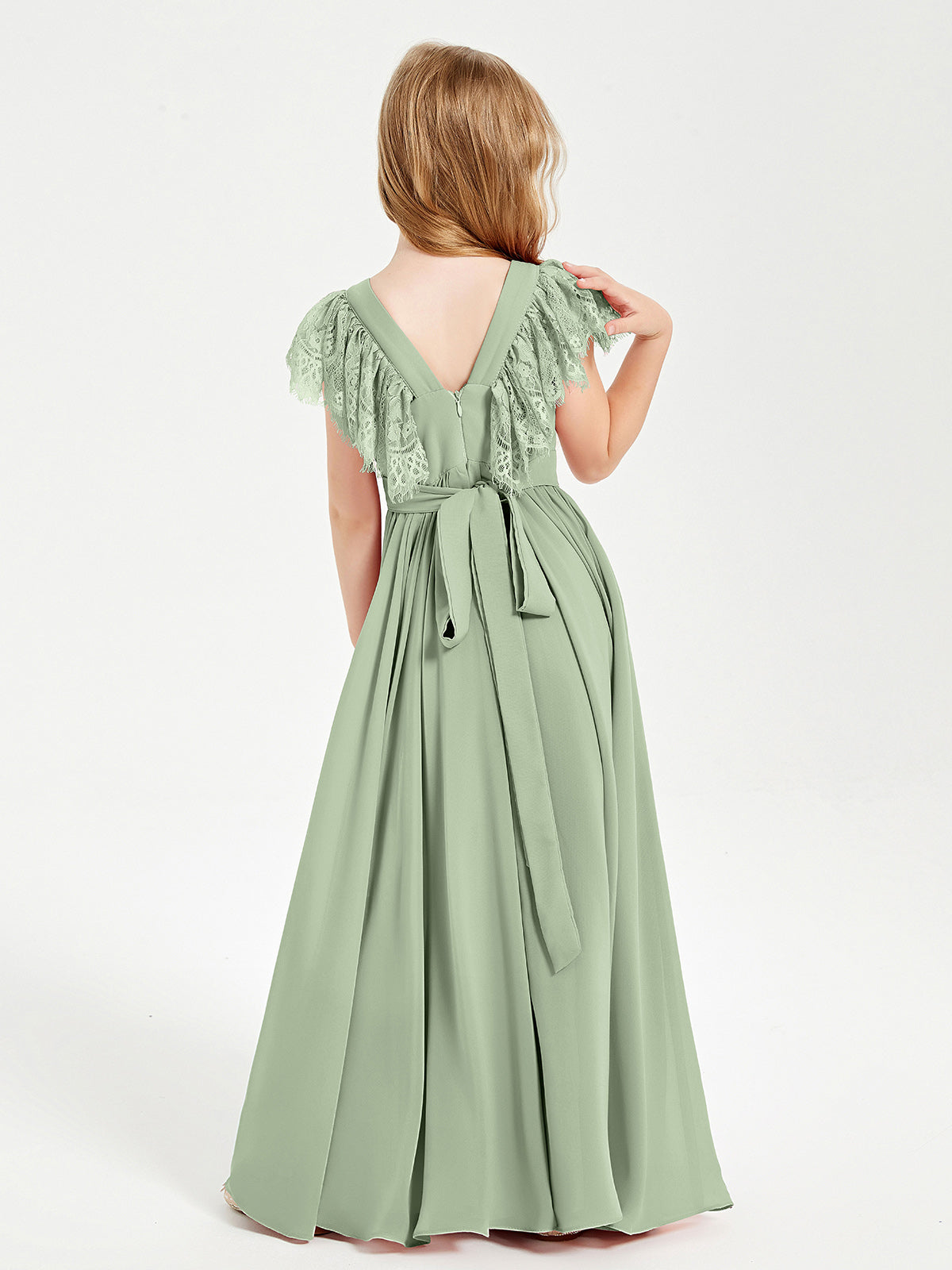 Chiffon Junior Bridesmaid Dresses with Lace Flutter Sleeves Dusty Sage